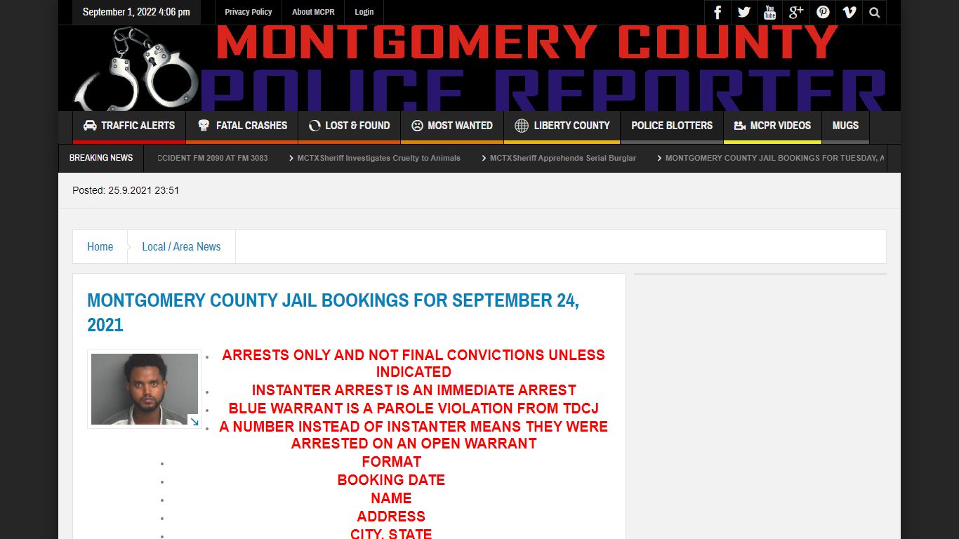 MONTGOMERY COUNTY JAIL BOOKINGS FOR SEPTEMBER 24, 2021